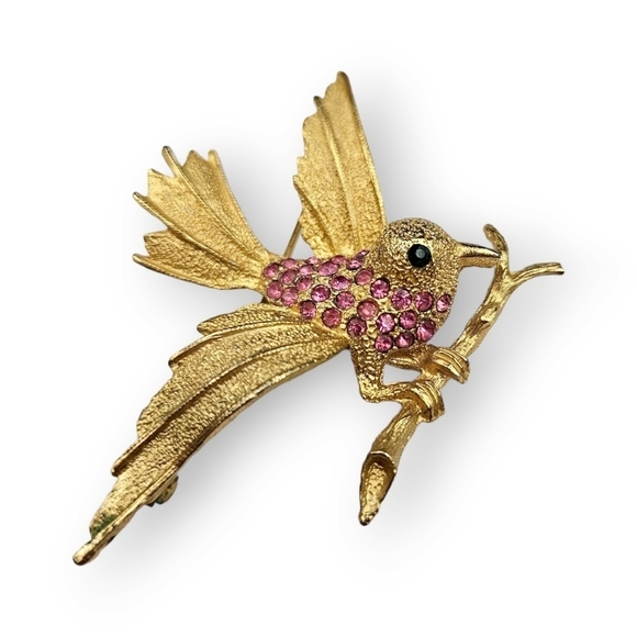 Vintage Jewelry - VINTAGE Bird On Branch Brooch Pink Rhinestone Brushed Gold Plate Pin 2.5" Long